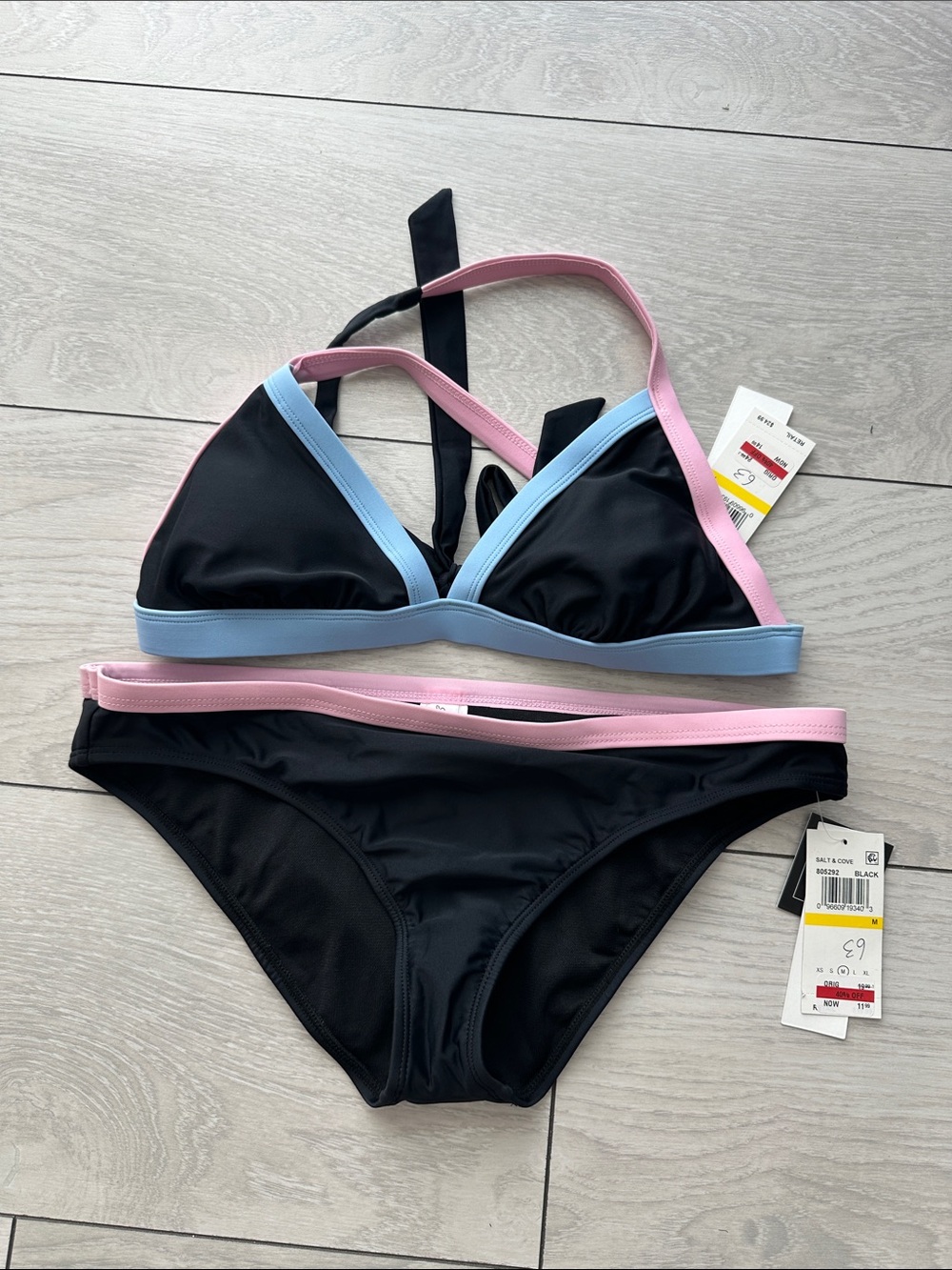 Black Triangle Bikini Set with Pink & Light Blue Trim - Women Swim